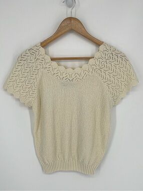 Adele Knitwear Cream Short Sleeve Crochet Lace Knit Sweater Women's Size Small